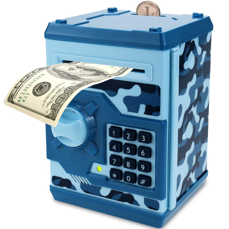 Qwifyu Piggy Bank for Boys Girls, 4 5 6 7 8 9 10 Year Old Girl Boy Birthday Gift Ideas, Electronic Password Money Saving Box ATM, Great Gift Safe Bank Toys for Kids (Camouflage Blue) - Image 1